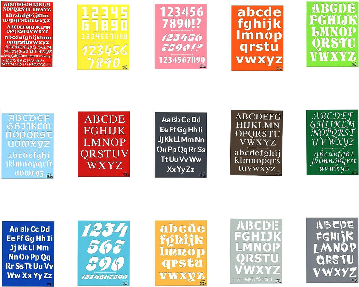 Plastic tracing Stencils Set for Children Alphabet and Number Drawing Painting Pretty Great Fonts for Yearbook (8x10 inches) 15 Pack (ABC Alphabet and Number) minimum order amount of 12 sets