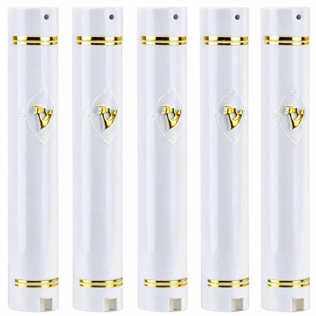 Plastic Mezuzah Case Holder – Semiround Design clear with gold Accent – Self-Stick Adhesive Back – Waterproof Rubber Cork – 5 Pack