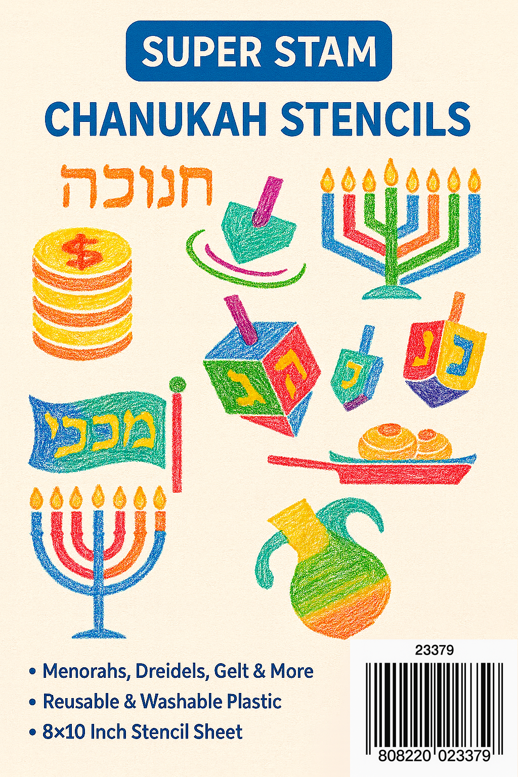 Chanukah Plastic Stencil Set for Children Drawing Painting Pretty ALEF Bet Letters Jewish Holidays Pictures and All Year Round (8 x 10 in) (Chanukah) 25 Pack