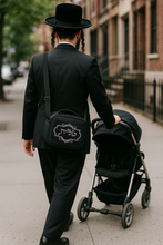 Load image into Gallery viewer, SUPER STAM Tallit and Tefillin Travel Soft carbon lined Rain Proof Tote Bag טלית ותפילין Carry Handle And shoulder strap 12x8x4.8 inches silver emroidered