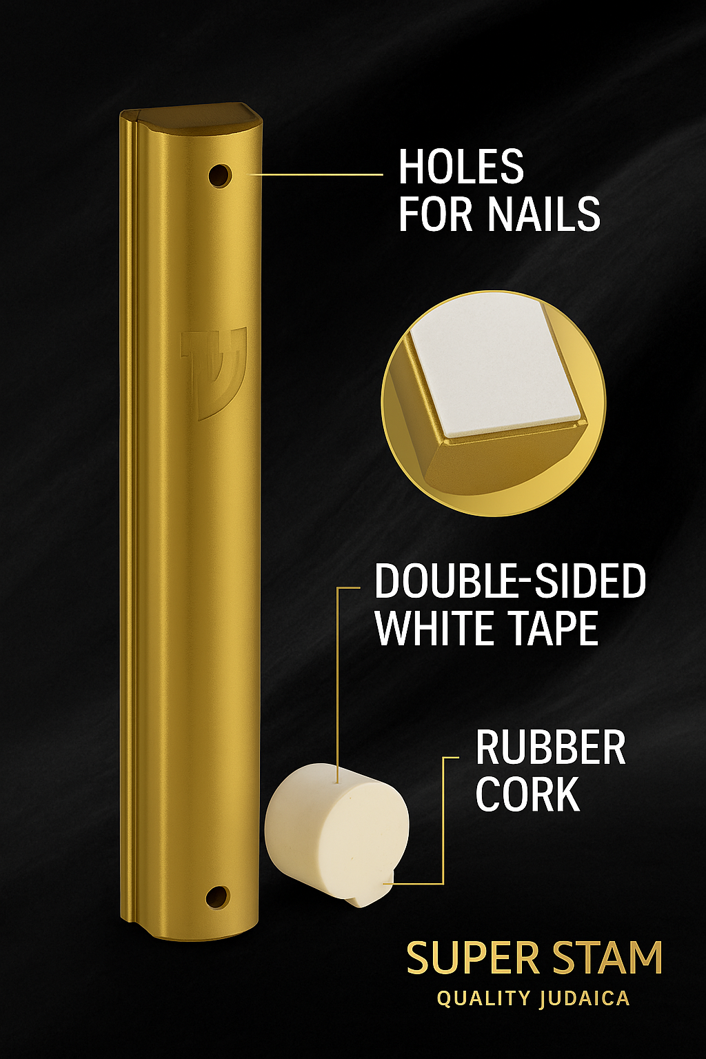 Aluminum MEZUZAH CASE Gold with Glossy Modern Shin Self Stick Waterproof Rubber Cork Sold in unit of 5 pcs