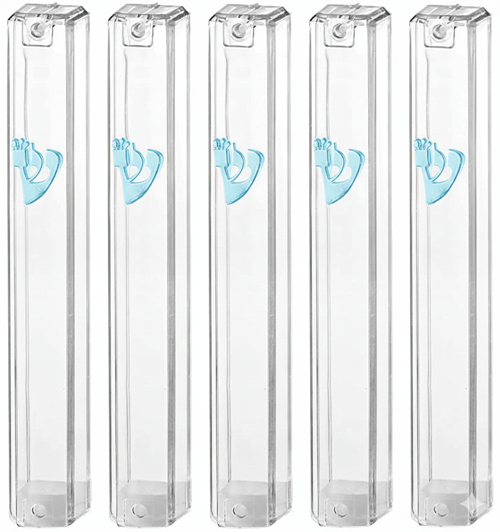 MEZUZAH CASE Holder (shidell) בית מזוזה Plastic Silver shin Rectangle Shape CLEAR Blue SHIN LOT OF 5 PCS