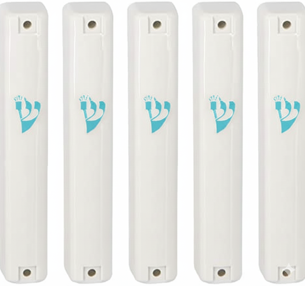 MEZUZAH CASE Holder (shidell) בית מזוזה Plastic Silver shin Rectangle Shape White Blue SHIN LOT OF 5 PCS