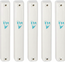 Load image into Gallery viewer, MEZUZAH CASE Holder (shidell) בית מזוזה Plastic Silver shin Rectangle Shape White Blue SHIN LOT OF 5 PCS