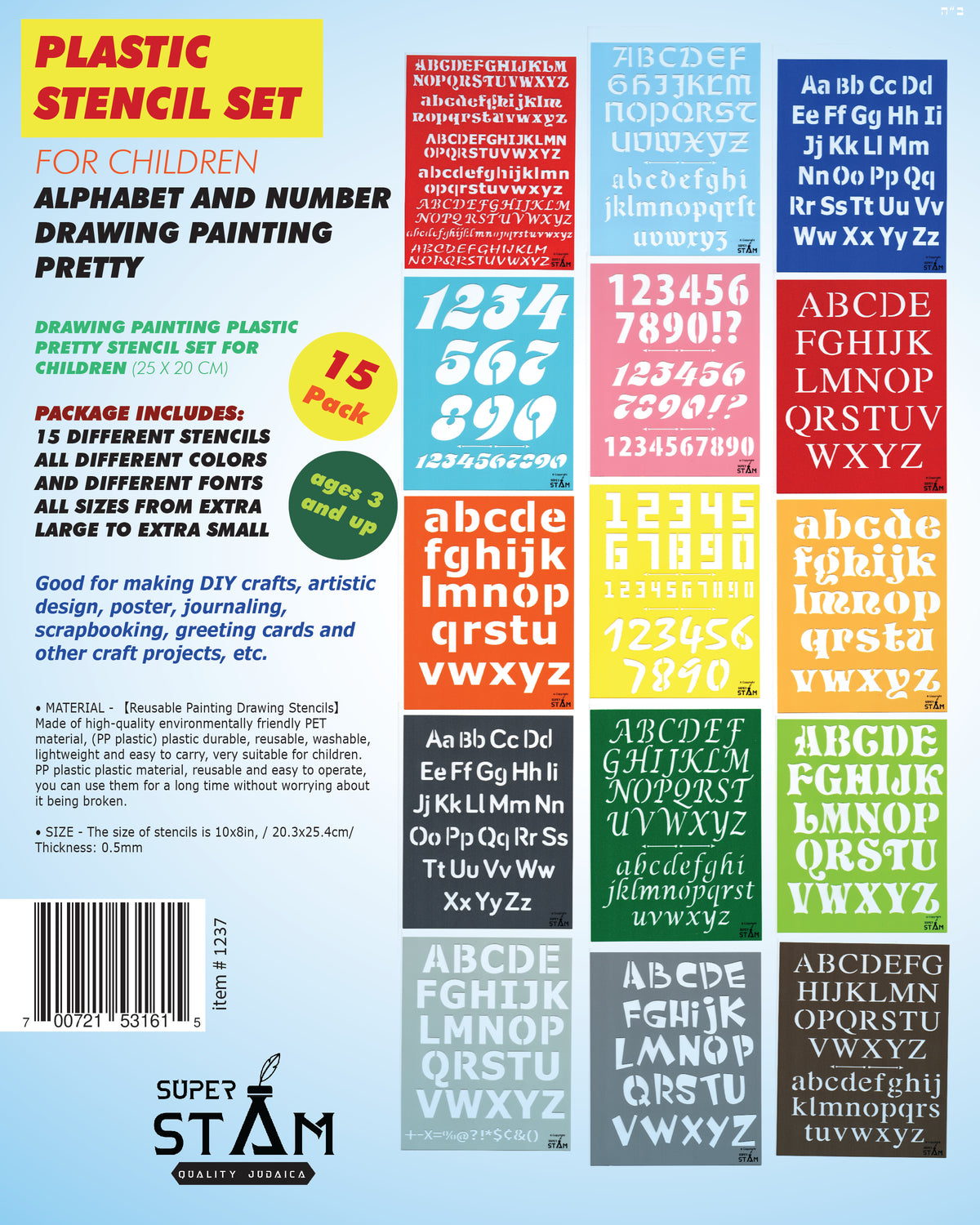 Plastic tracing Stencils Set for Children Alphabet and Number Drawing Painting Pretty Great Fonts for Yearbook (8x10 inches) 15 Pack (ABC Alphabet and Number) minimum order amount of 12 sets
