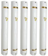 Load image into Gallery viewer, Plastic Mezuzah Case Holder – Semiround Design White with gold Accent – Self-Stick Adhesive Back – Waterproof Rubber Cork – 5 Pack