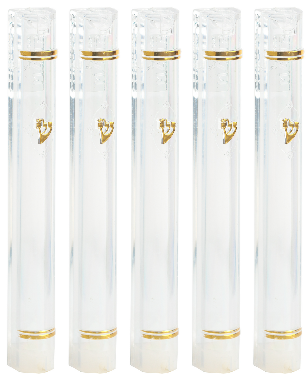 Plastic Mezuzah Case Holder – Semiround Design clear with gold Accent – Self-Stick Adhesive Back – Waterproof Rubber Cork – 5 Pack