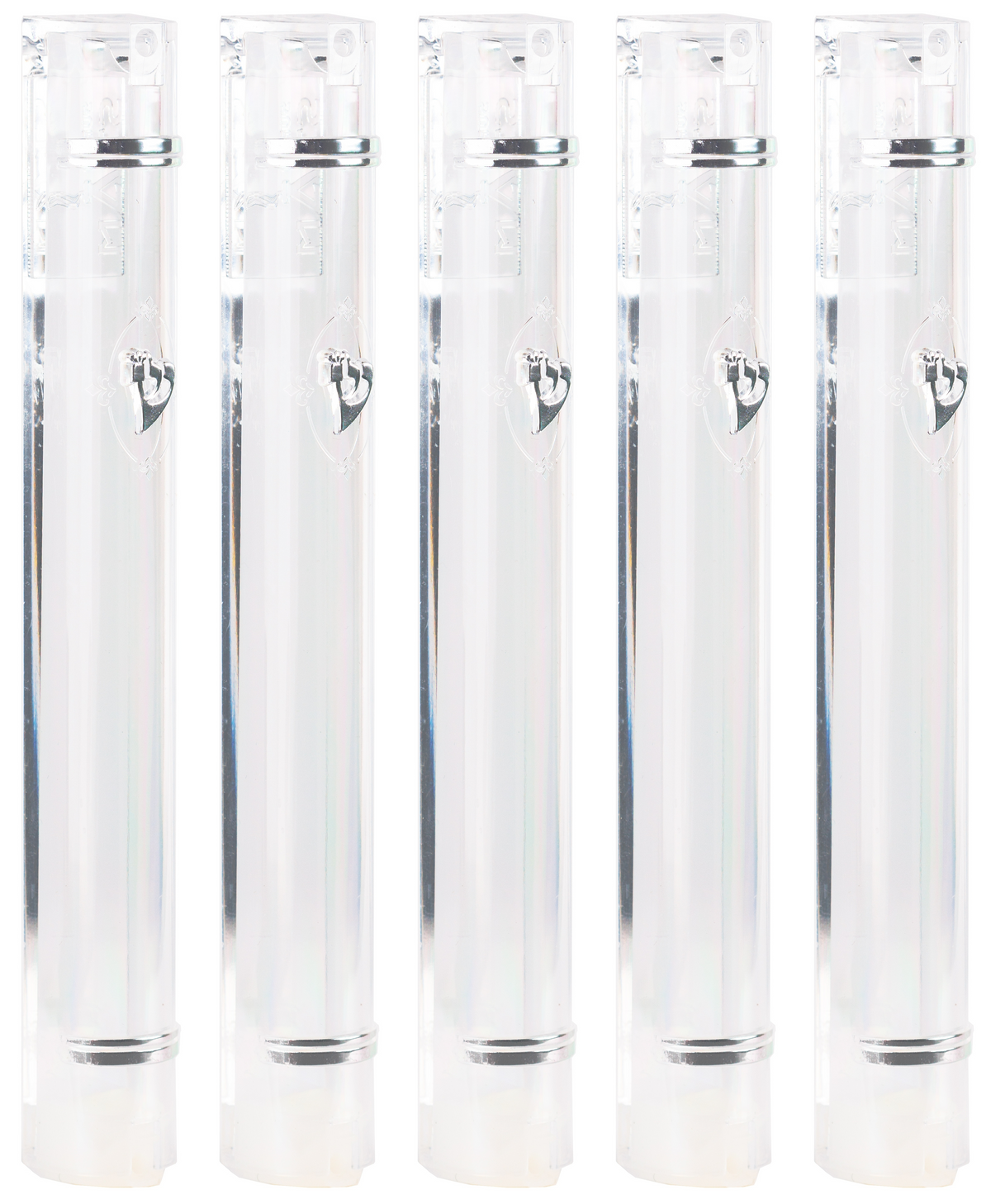 Plastic Mezuzah Case Holder – Semiround Design clear with silver Accent – Self-Stick Adhesive Back – Waterproof Rubber Cork – 5 Pack