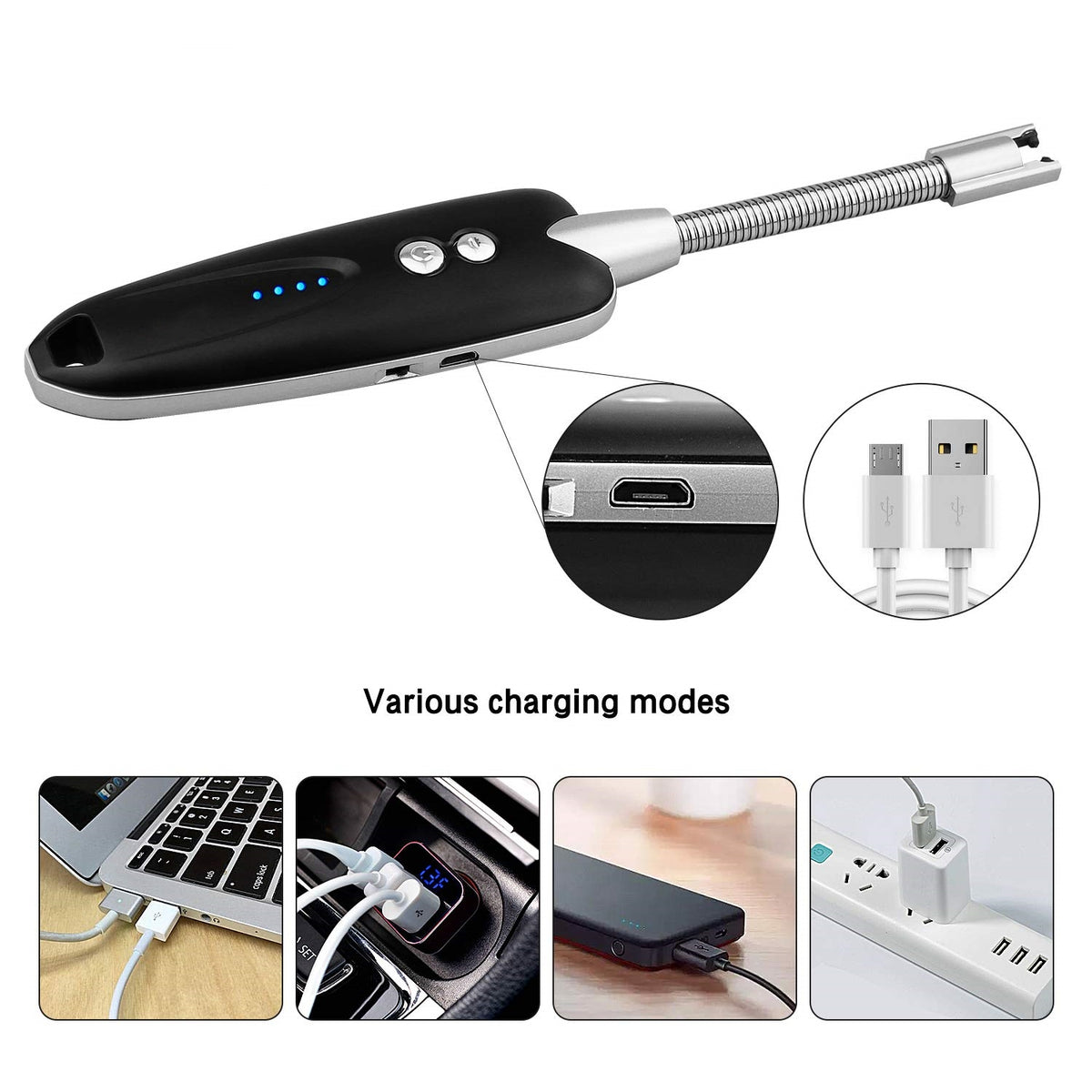 Shabbat Candles Lighter with Long Flexible Neck with LED Battery Display Safety Switch Flashlight And Magnet USB Rechargeable great Shabbat gift