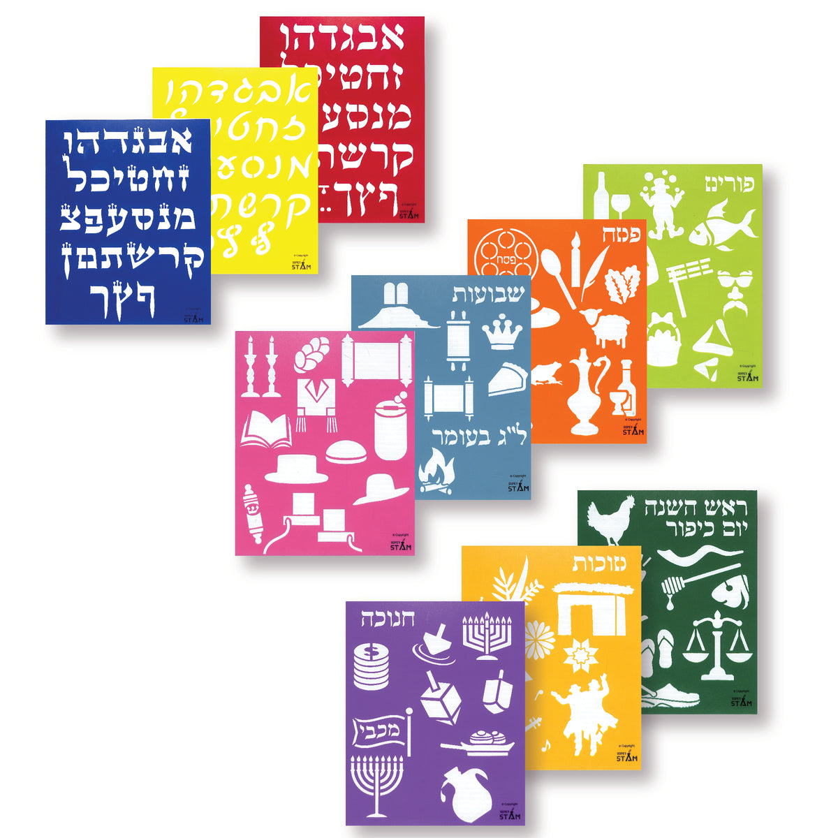 SUPER STAM Hebrew Plastic Stencil Set for Children Drawing Painting Pretty ALEF Bet Letters Plus Jewish Holidays Pictures and All Year Round (25 x 20 cm) 10 Pack 2nd Edition) sold in unit of 6 pieces
