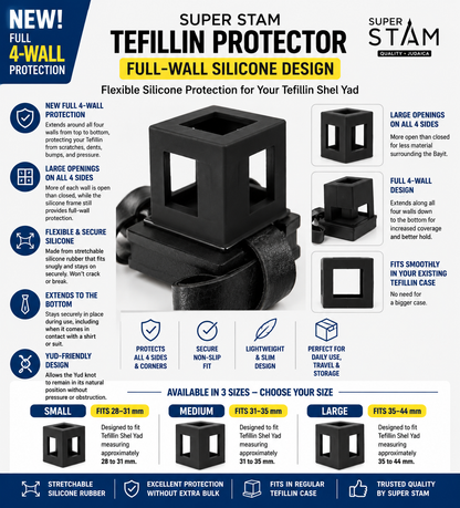 Tefillin Protector Silicone Rubber Full Wall Design – Flexible Protective Cover for Tefillin Shel Yad, Secure Non-Slip Fit, Protects All 4 Sides, No Bigger Case Needed, Fits 31-35 mm