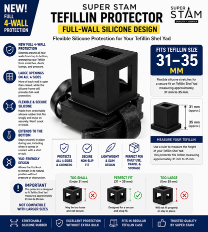 Tefillin Protector Silicone Rubber Full Wall Design – Flexible Protective Cover for Tefillin Shel Yad, Secure Non-Slip Fit, Protects All 4 Sides, No Bigger Case Needed, Fits 31-35 mm