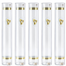 Load image into Gallery viewer, Plastic Mezuzah Case Holder – Semiround Design clear with gold Accent – Self-Stick Adhesive Back – Waterproof Rubber Cork – 5 Pack
