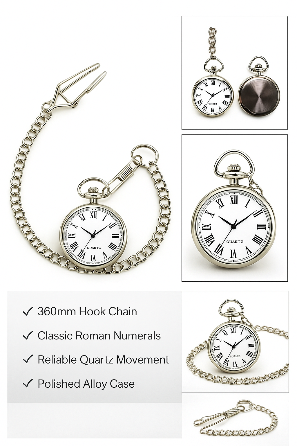 high quality medium size lidless quartz pocket watch pendant with 360mm Hook Chain