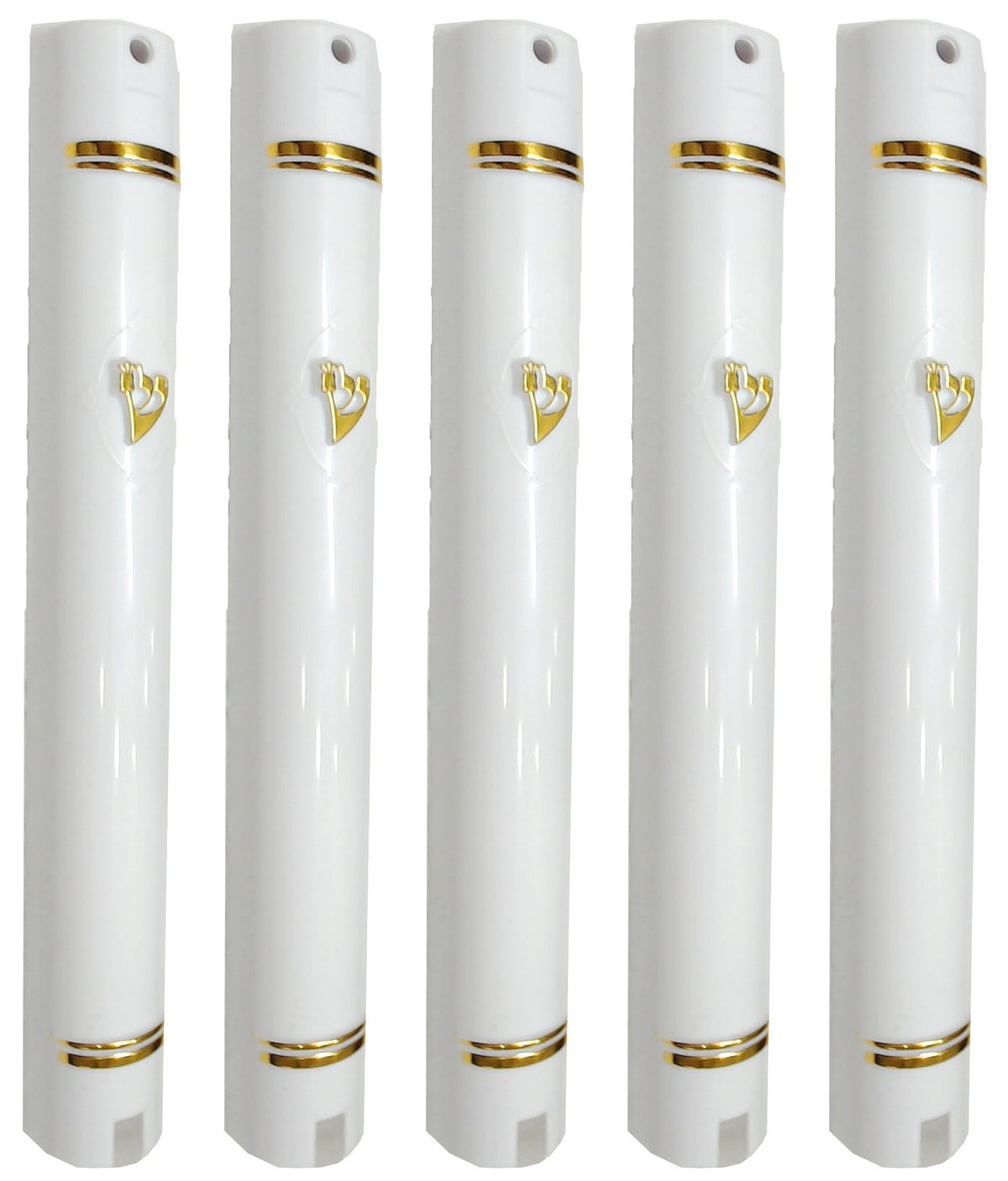 Plastic Mezuzah Case Holder – Semiround Design White with gold Accent – Self-Stick Adhesive Back – Waterproof Rubber Cork – 5 Pack