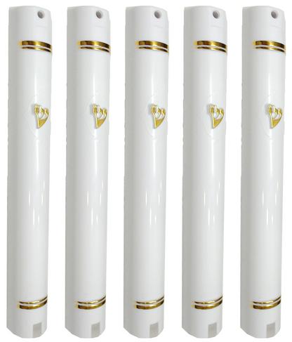 Plastic Mezuzah Case Holder – Semiround Design White with gold Accent – Self-Stick Adhesive Back – Waterproof Rubber Cork – 5 Pack