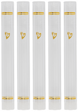 Load image into Gallery viewer, PLASTIC MEZUZAH CASE CLEAR Gold shin Semiround with little design self Stick Waterproof Rubber Cork
