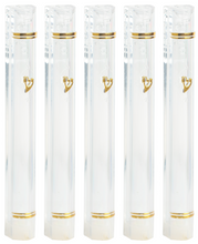 Load image into Gallery viewer, PLASTIC MEZUZAH CASE CLEAR Gold shin Semiround with little design self Stick Waterproof Rubber Cork
