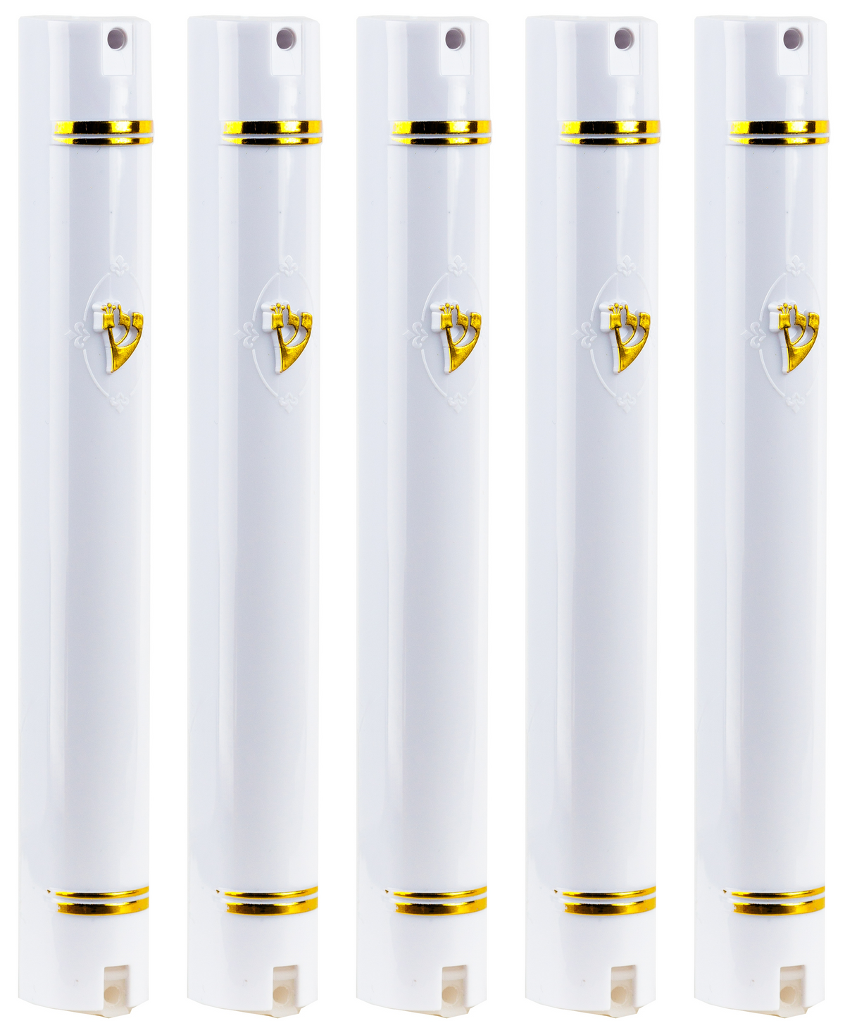 Plastic Mezuzah Case Holder – Semiround Design White with gold Accent – Self-Stick Adhesive Back – Waterproof Rubber Cork – 5 Pack