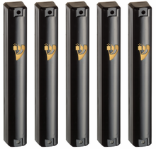 Load image into Gallery viewer, MEZUZAH CASE Holder (shidell) בית מזוזה Plastic Rectangle Shape Silver shin Waterproof Rubber Cork lot of 5 (Matte Black GOLD SHIN)
