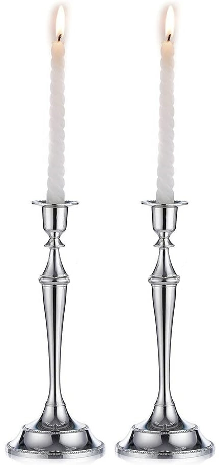 Pair Of Metal Candlestick 24 cm / 9.5 inch Candle Holder Candelabra Shabbas Wedding Prop Candle Dinner Hotel Home Decor Silver Candlesticks